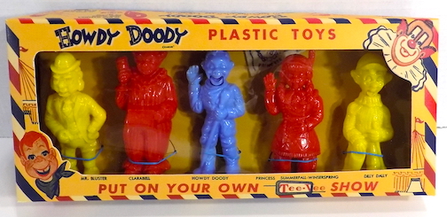 Howdy Doody Tee-Vee Show plastic puppets - Howdy Doody, Clarabell, Mister Bluster, Princess Summerfall-Winterspring and Dilly Dally